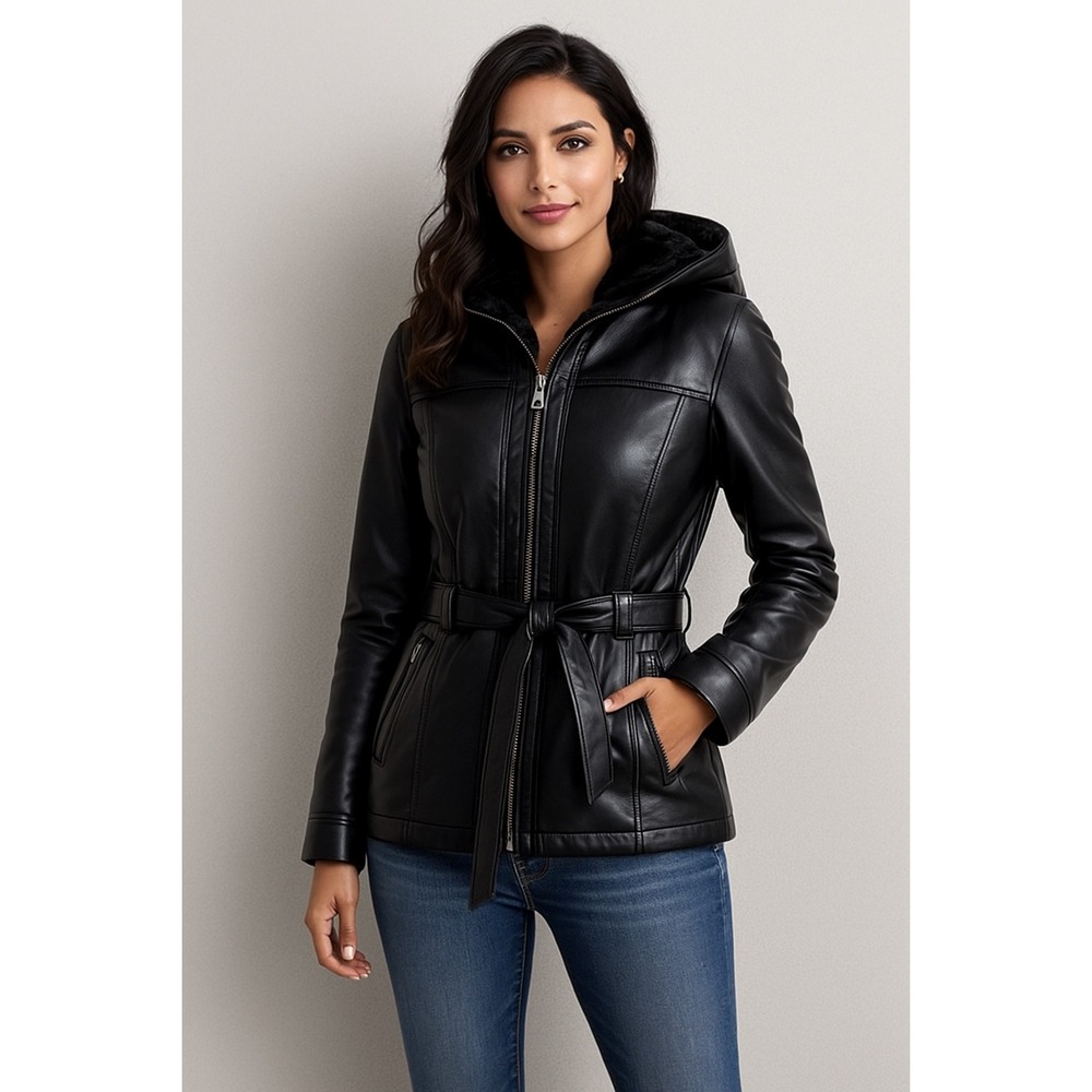 Wilsons Leather Faux Fur Hooded Belted Moto Jacket Black Women's XS‎